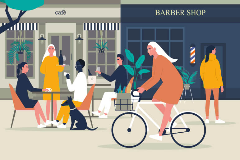 Vector image of people out in a cafe and barber shop enjoying the day walking around and riding their bikes