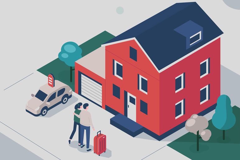 Is bundling auto and home insurance a good idea, vector image of a couple walking into their new home with their auto in the driveway