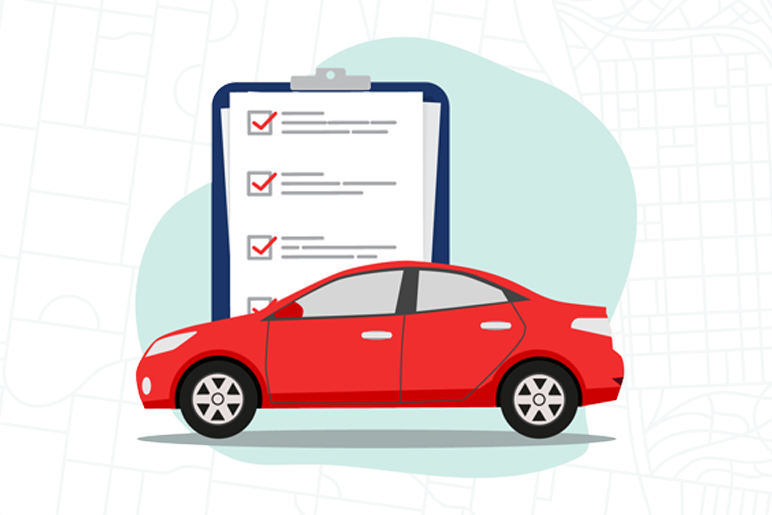 Vector image of a car parked in front of a giant clipboard with a checklist on it 