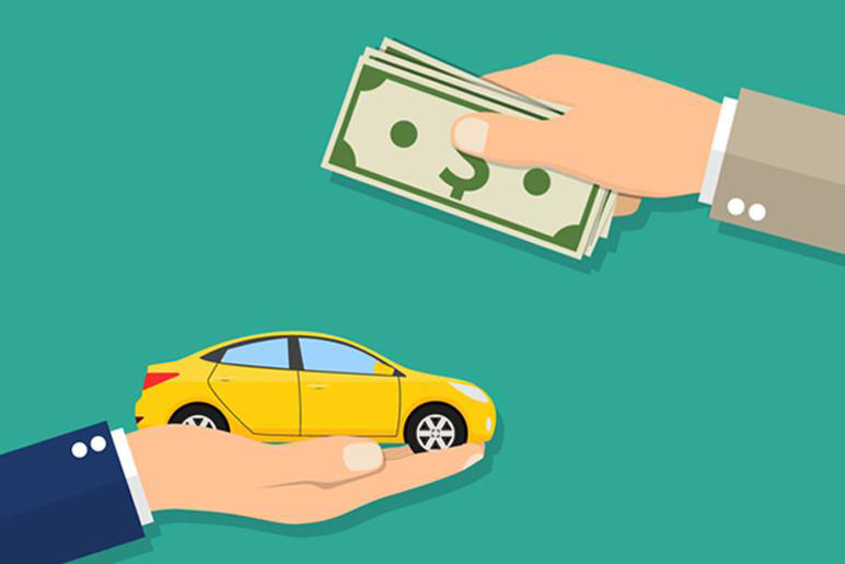 Vector image of a hand giving someone a yellow car and the other hand handing the person cash