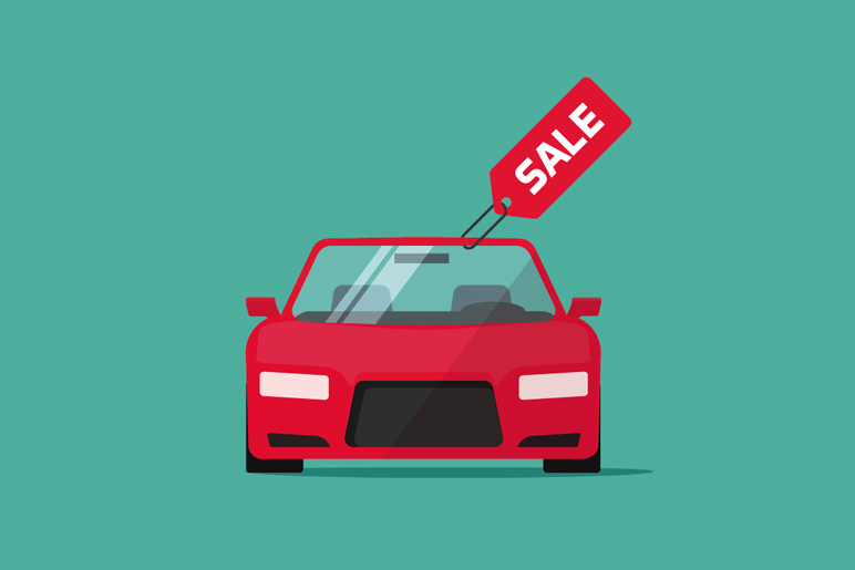 Vector image of a red car with a sales tag on it