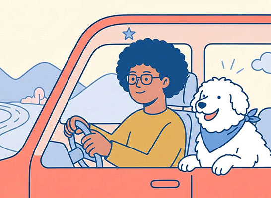 Woman and dog driving with the DriveTrend App